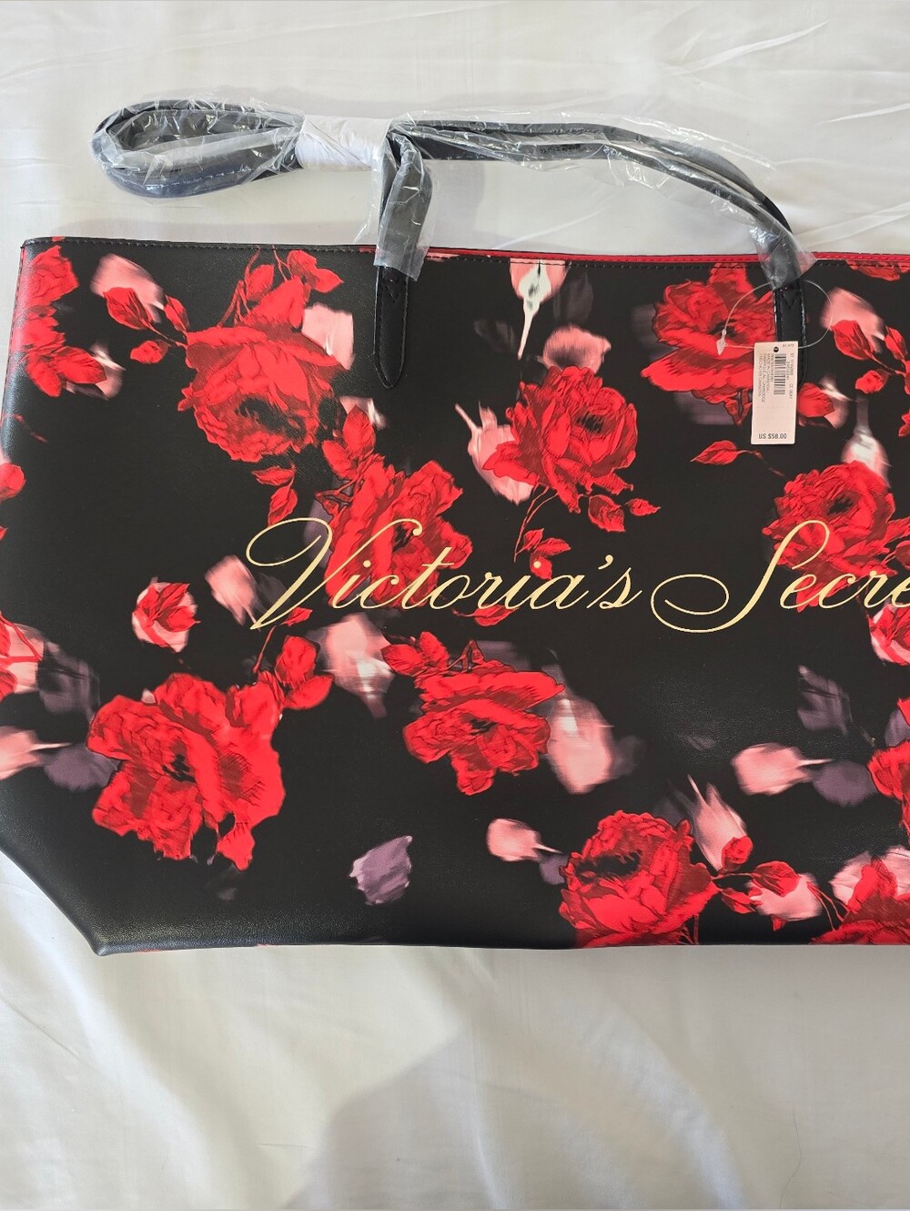 Victoria's Secret Black Tote with Red Floral Print